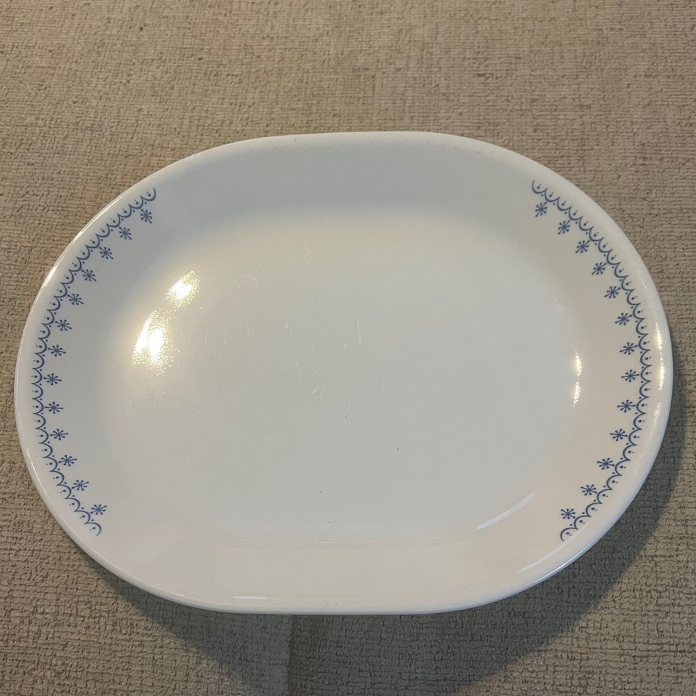 Corelle Snowflake Blue Oval Serving Platter 12 inch Vintage Corning Vitrelle